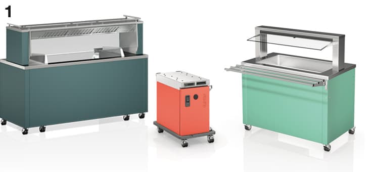 Fig. 1: Estación de cocción frontal B.PRO COOK Classic en verde petróleo, recipiente para transporte de alimentos B.PROTHERM E (acero inoxidable) en rojo caramelo, servicio de alimentos BASIC LINE en Neomint