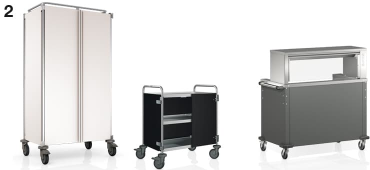 Fig. 2: Carro para recoger bandejas en blanco señal, carro para servir en negro grafito y estación de cocción frontal B.PRO COOK I-flex en gris tráfico