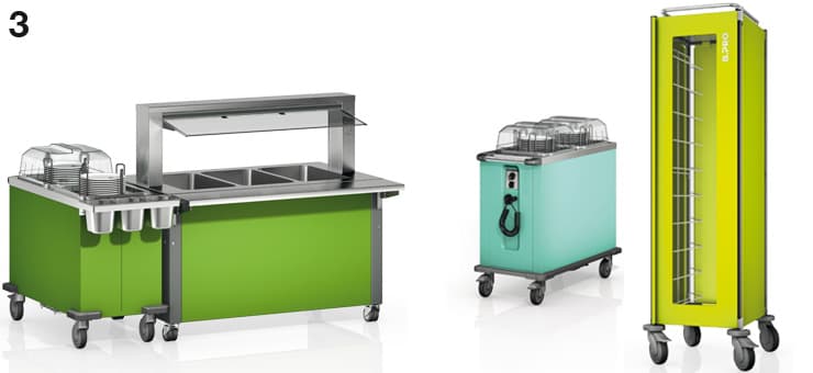 Fig. 3: Dispensador de platos y servicio de comida BASIC LINE en Granny, dispensador de platos en Neomint, carro recogebandejas con puerta de cristal en color lima
