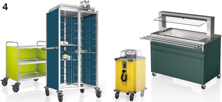 Fig. 4: Carro de servicio en color lima, carro recogebandejas en azul mar, dispensador de platos en amarillo tojo, dispensador de alimentos BASIC LINE en verde petróleo