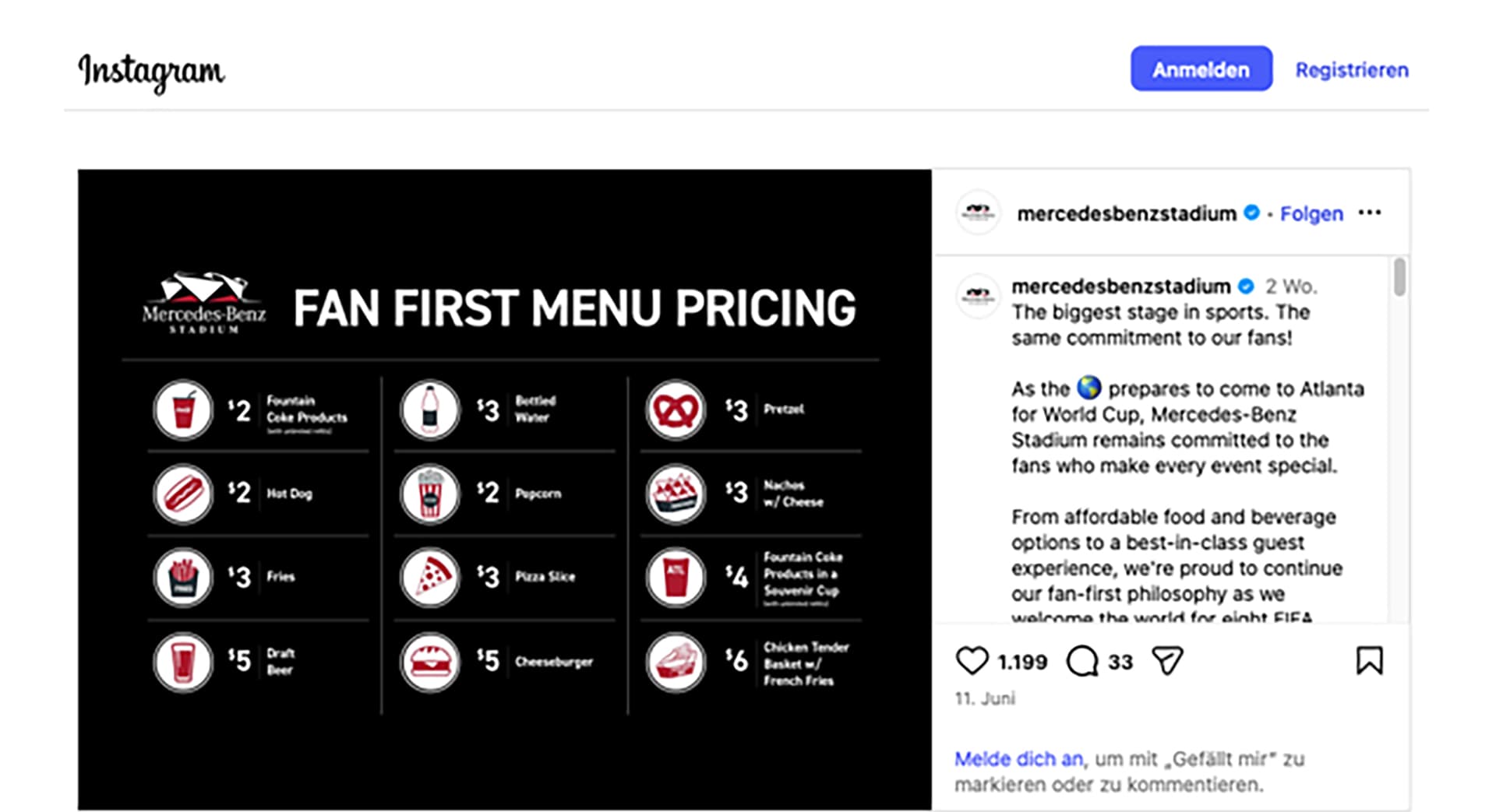 Tarification des menus « Fan First » au « Mercedes-Benz Stadium » d'Atlanta